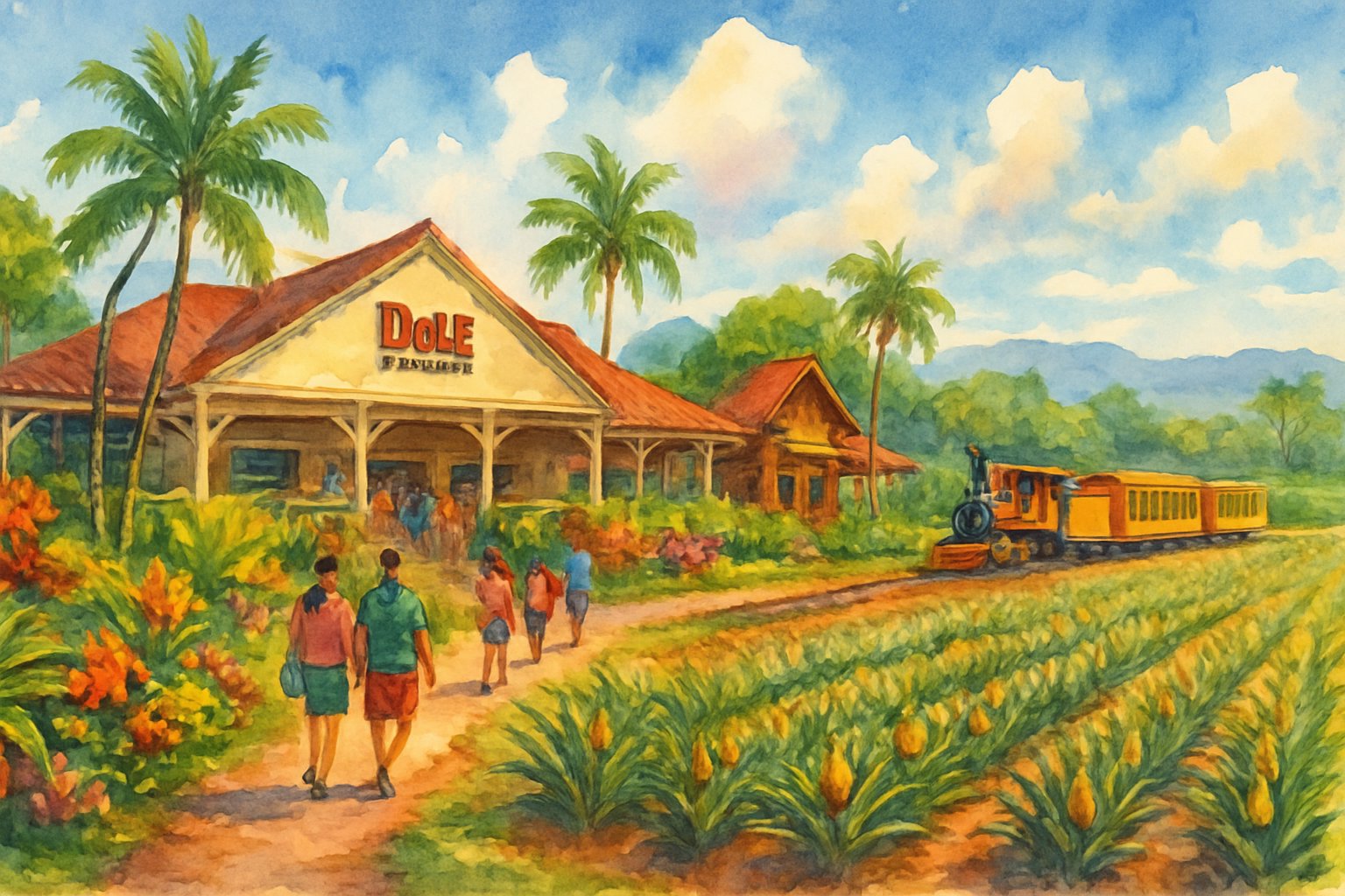A colorful scene showing pineapple fields, tropical plants, visitors walking along a path, traditional plantation buildings, palm trees, and a vintage train at a plantation.