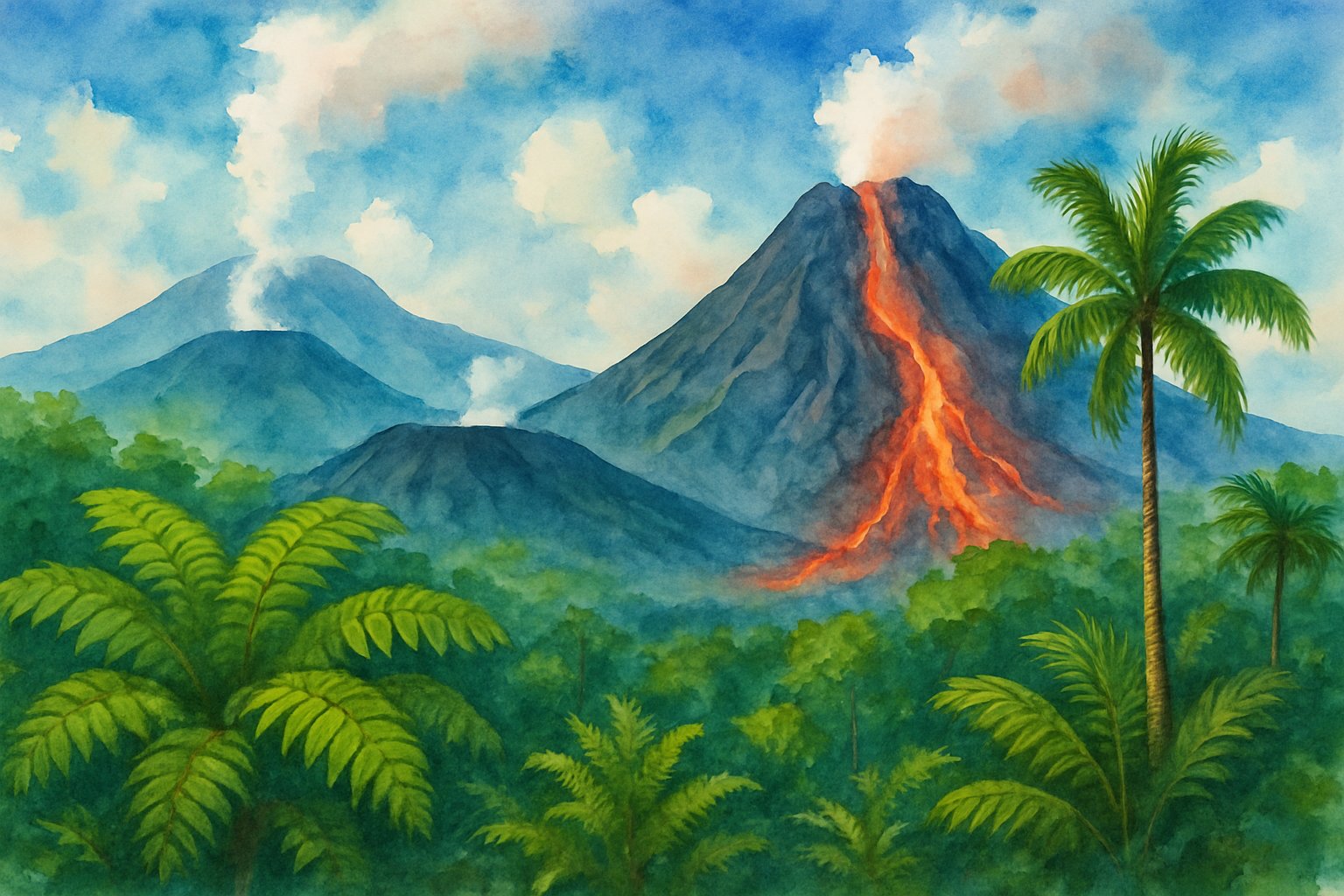 A landscape showing tall volcanoes with lava flows surrounded by green tropical plants under a blue sky.