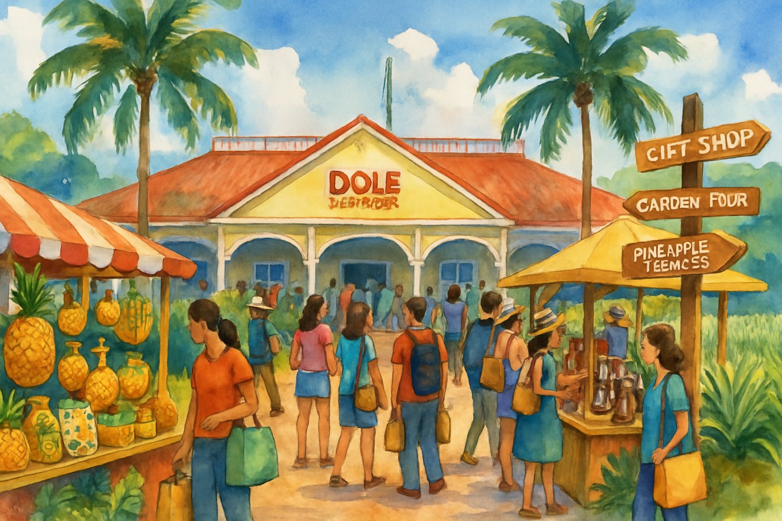 Visitors shopping for souvenirs at the Dole Plantation surrounded by pineapple fields and palm trees.