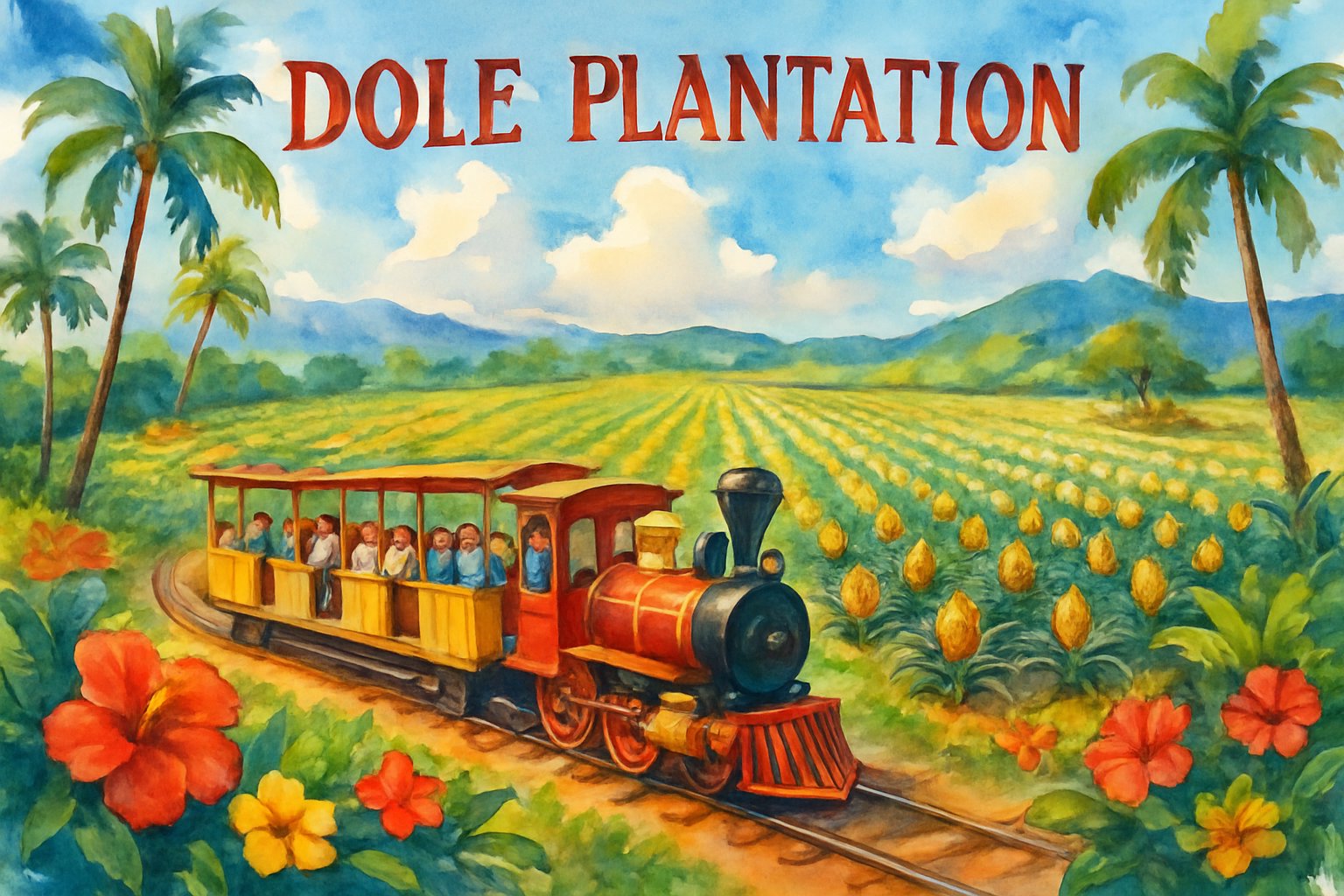 A scenic view of pineapple fields with a small train carrying visitors, palm trees, flowers, and hills in the background on a sunny day.