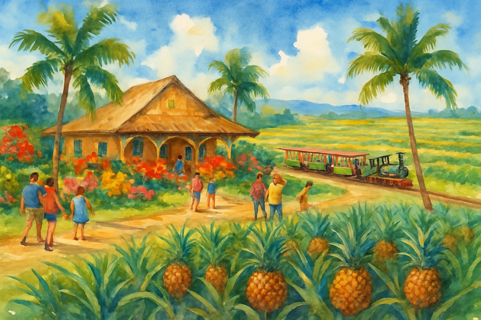 A sunny scene of the Dole Plantation with pineapple fields, a wooden plantation house, palm trees, visitors walking on paths, and a small train traveling through the fields.