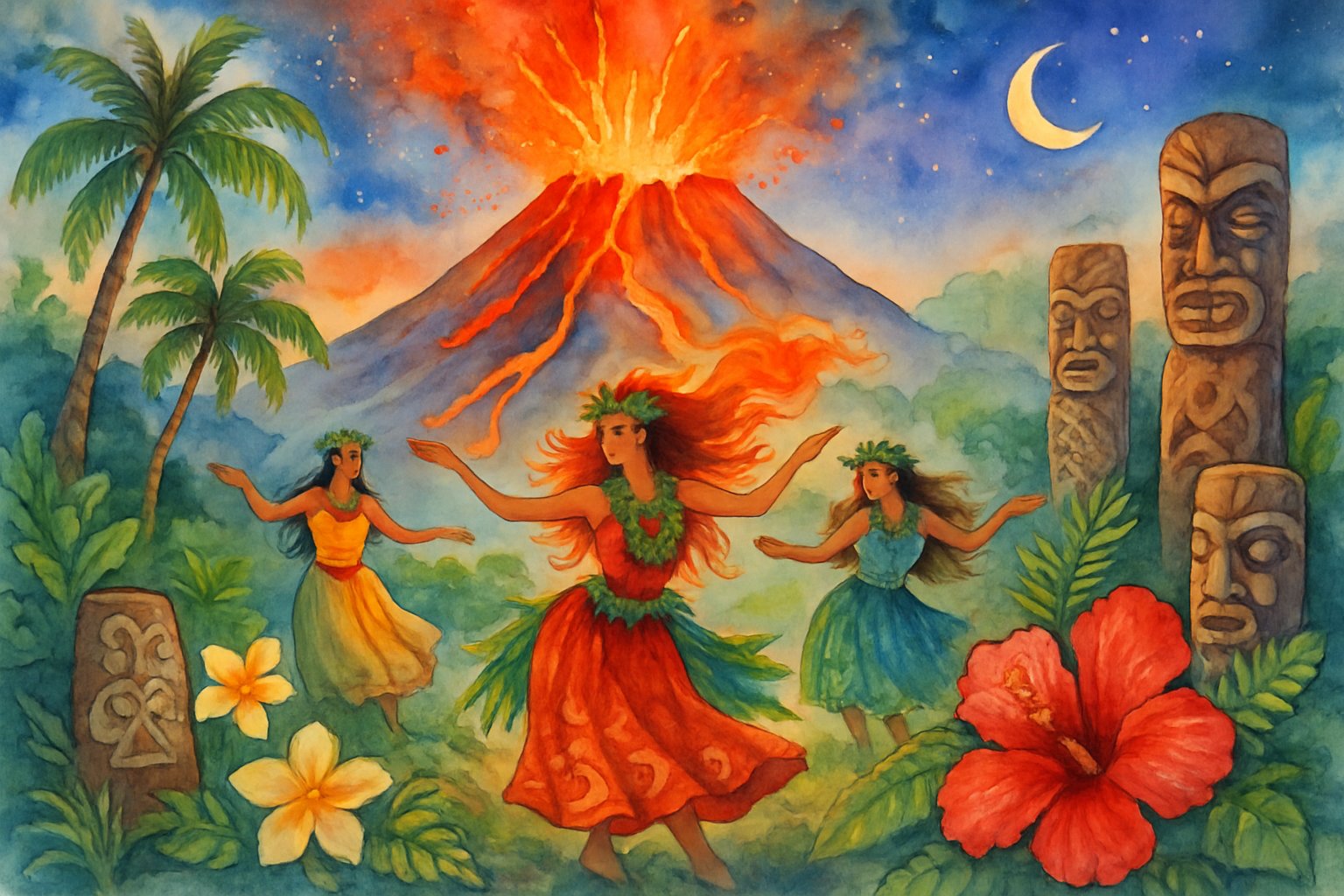 A scene showing an erupting volcano with lava flows, surrounded by tropical plants, Hawaiian dancers in traditional clothing, and carved tiki statues under a colorful sky.