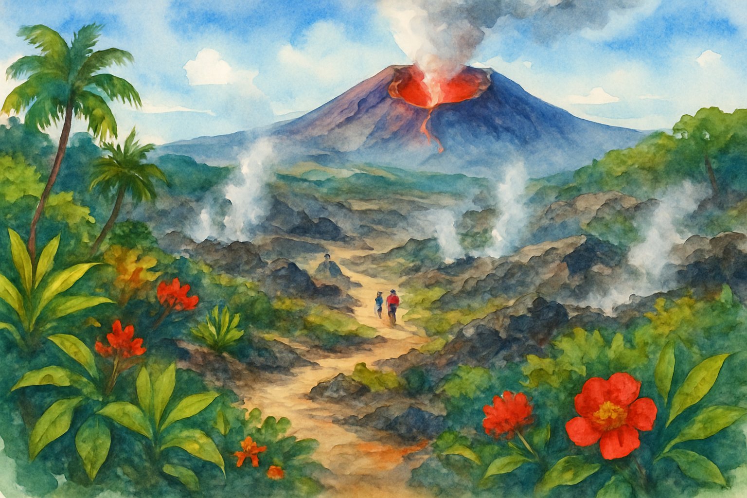 A scenic view of a volcano with steam rising, surrounded by tropical plants and a winding trail.