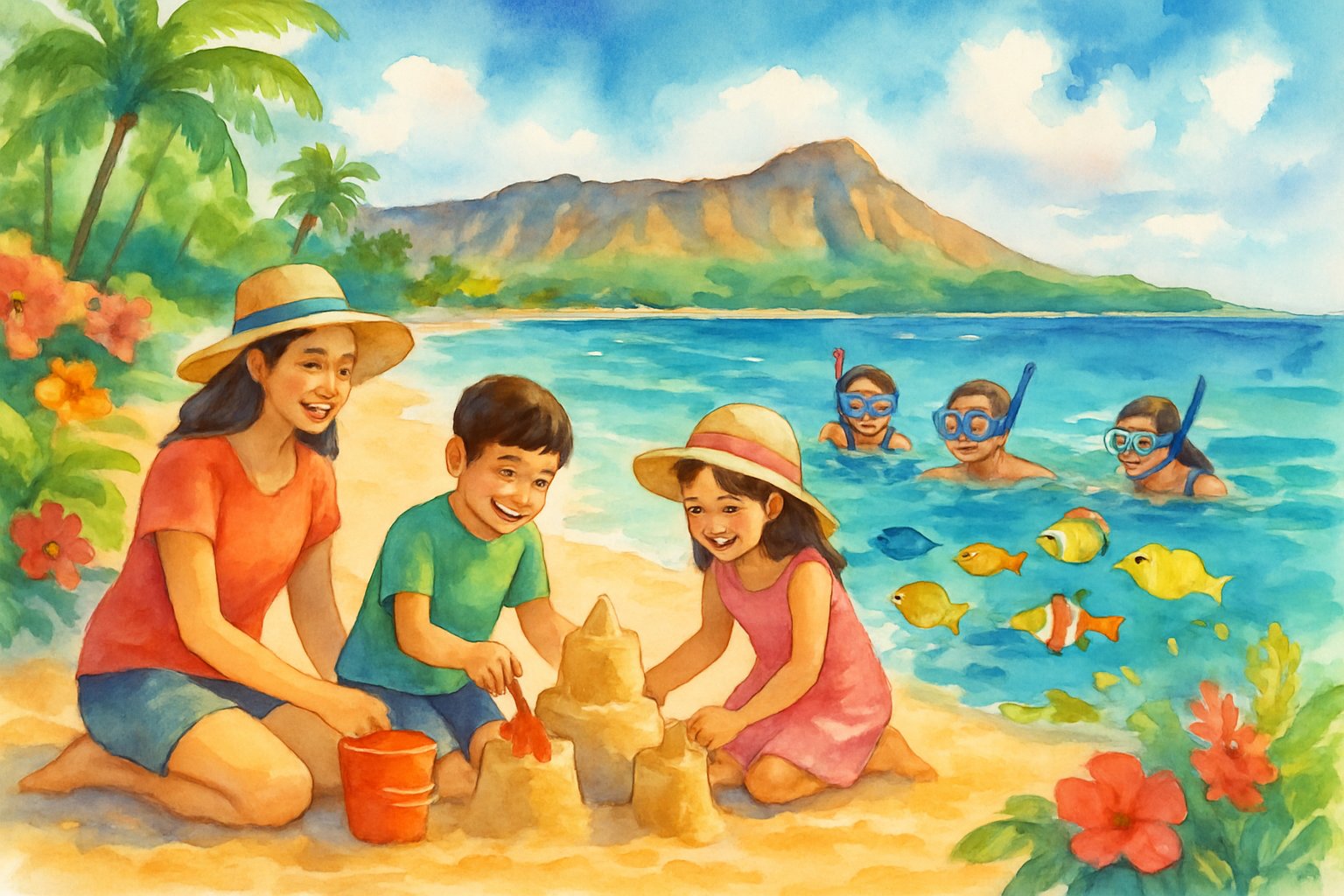 A family enjoying beach activities and snorkeling near palm trees and a volcanic crater on a sunny day.