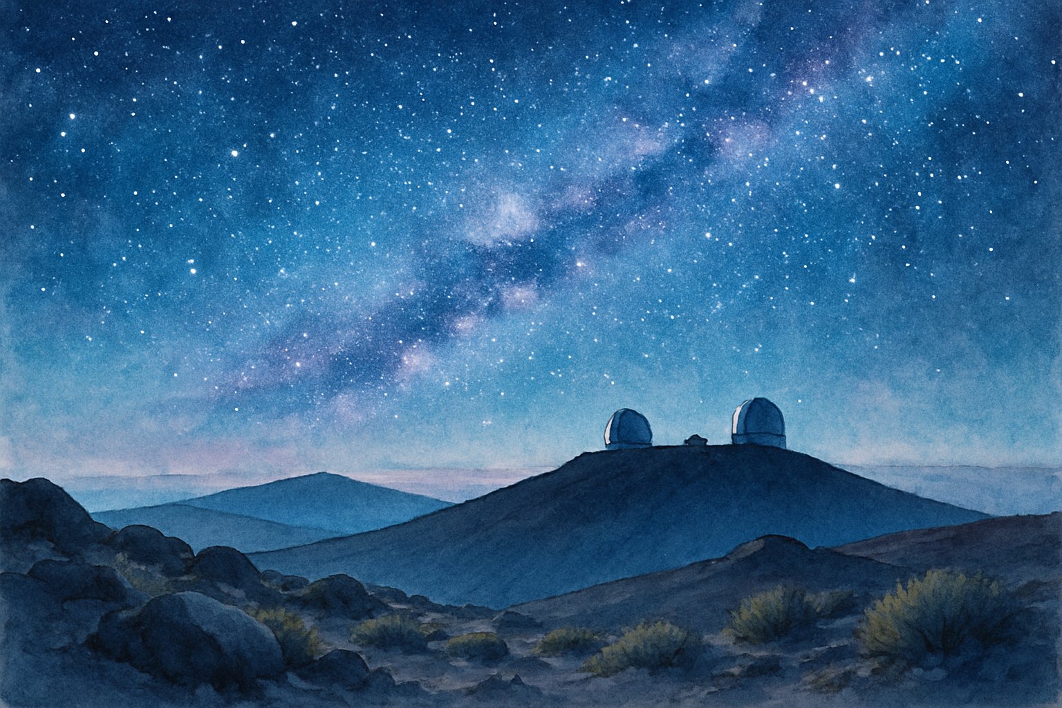 A nighttime view of Mauna Kea summit with volcanic rocks, sparse plants, silhouetted observatories, and a star-filled sky with the Milky Way visible.
