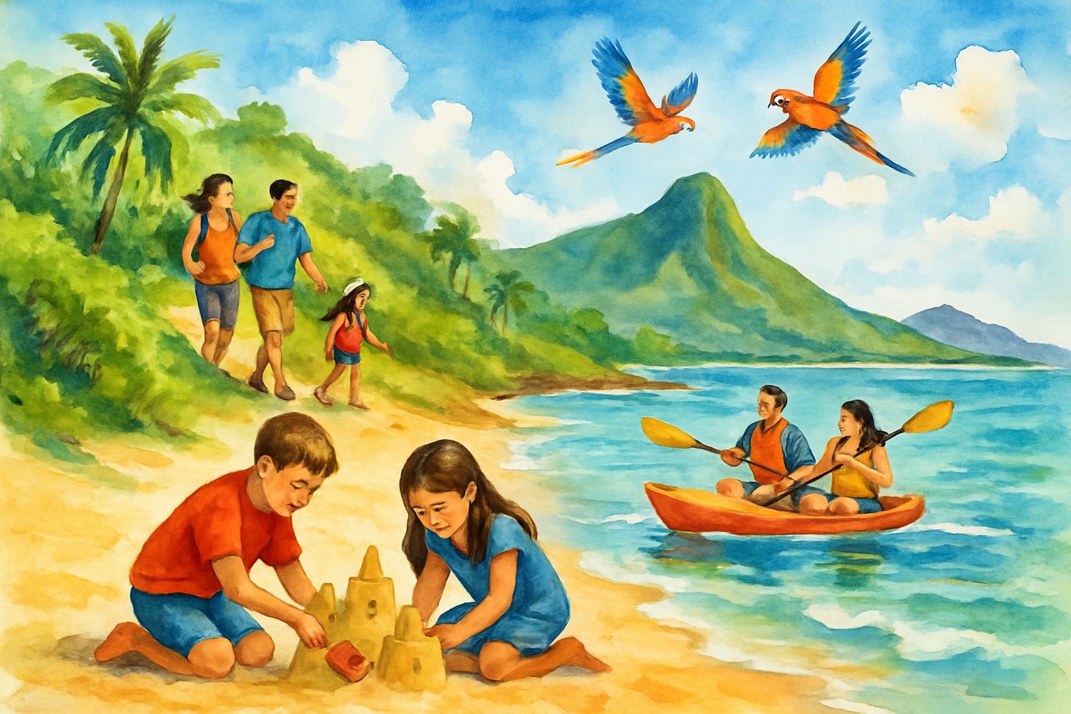 A family enjoying outdoor activities in Oahu including hiking, kayaking, and playing on a tropical beach with palm trees and mountains in the background.