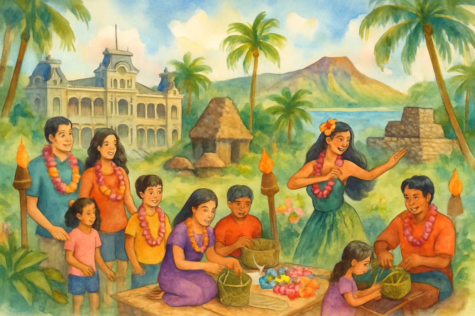 A family enjoying Hawaiian cultural activities near historical landmarks and tropical scenery in Oahu.