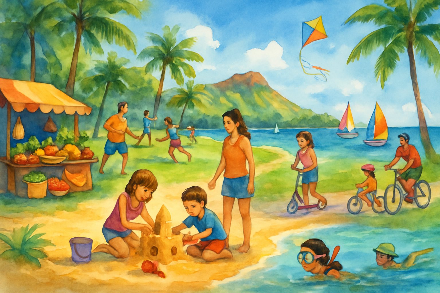 A sunny beach scene with children playing in the sand, families flying kites and playing games, sailboats on the water, palm trees, and mountains in the background.