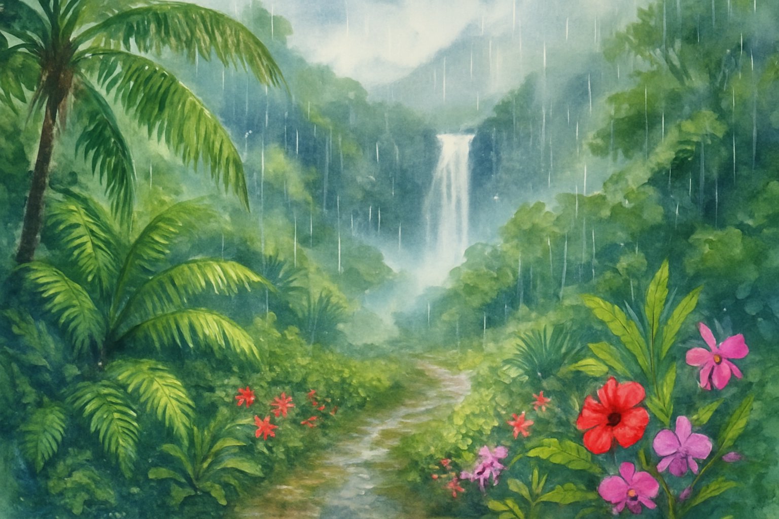 A lush tropical rainforest with palm trees, ferns, a waterfall in the distance, and a winding path under a cloudy sky with light rain.