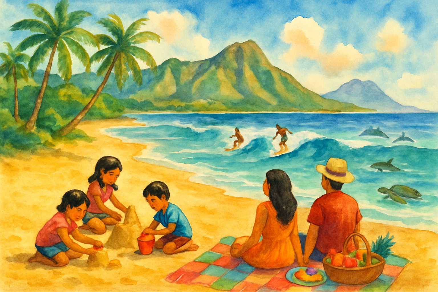 A family enjoying a sunny beach on Oahu’s North Shore with children playing in the sand, parents watching surfers, palm trees, mountains, and the ocean in the background.