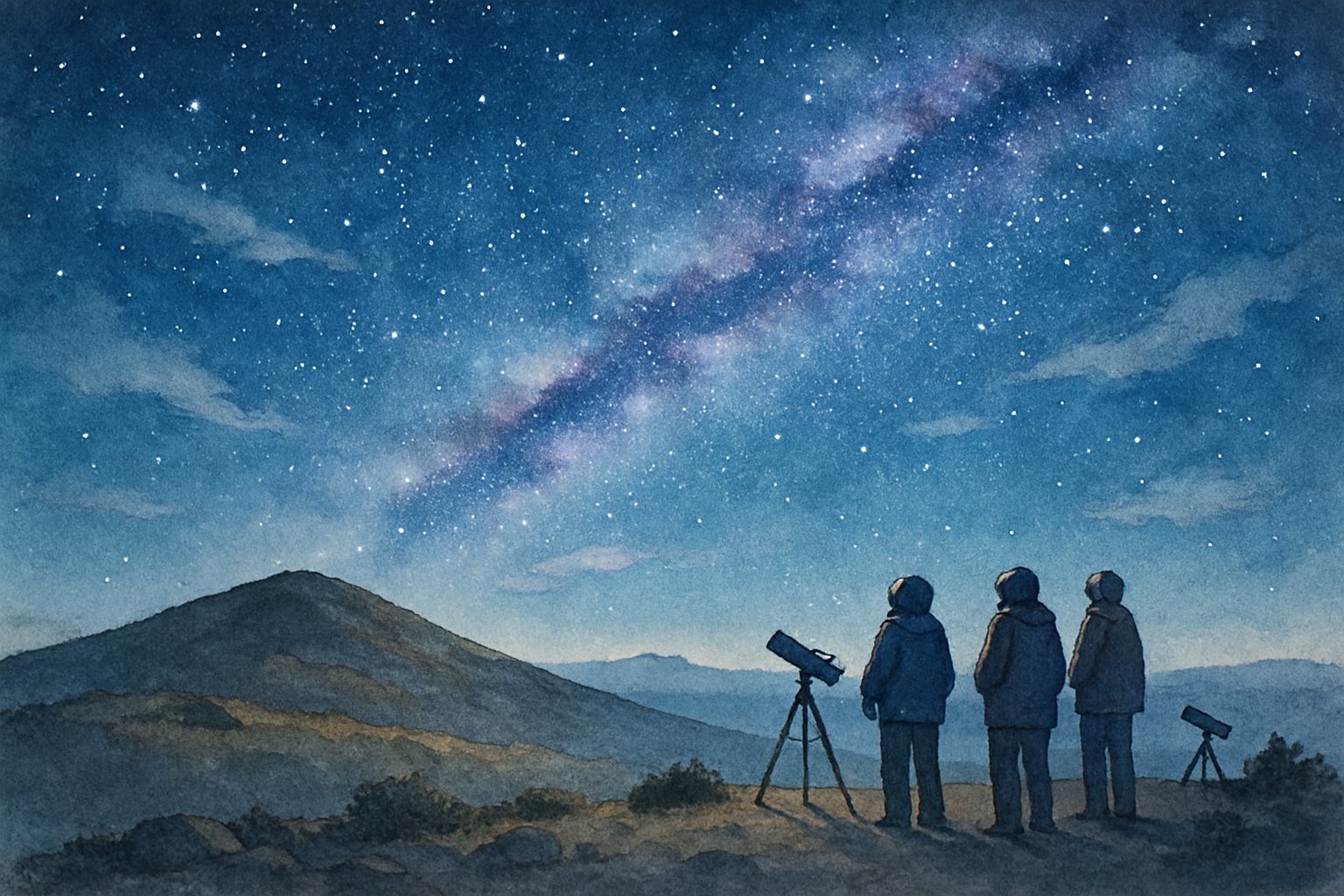A mountain summit at night with people looking at a star-filled sky and the Milky Way stretching overhead.