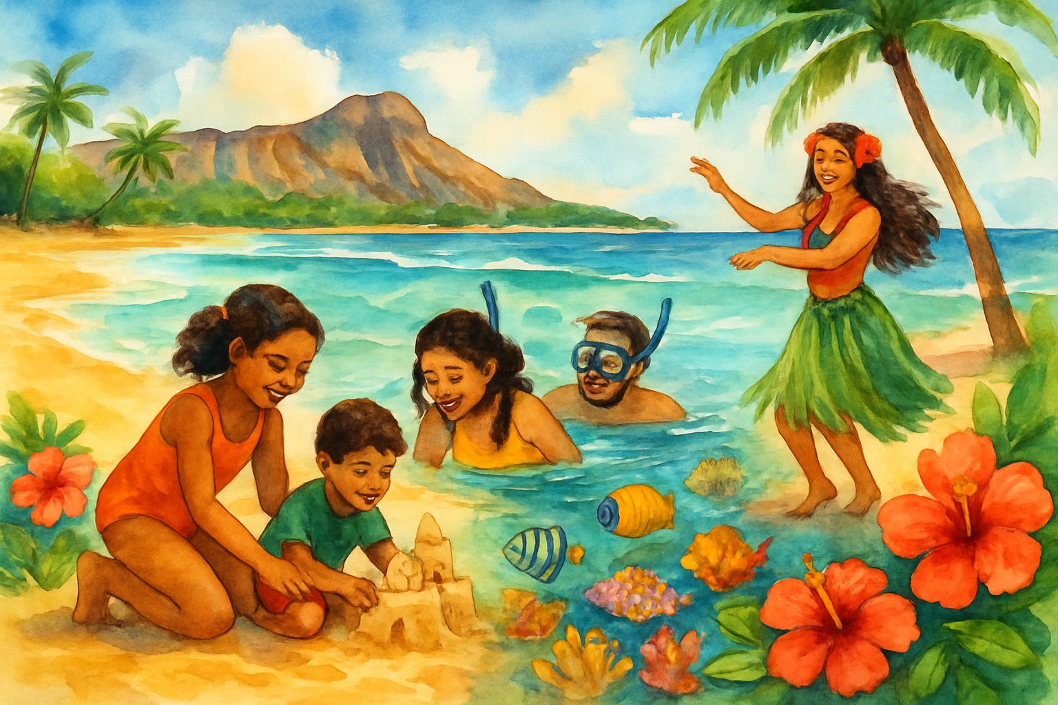 A family enjoying a tropical beach in Oahu with palm trees, clear water, coral reefs, and a hula dancer nearby.