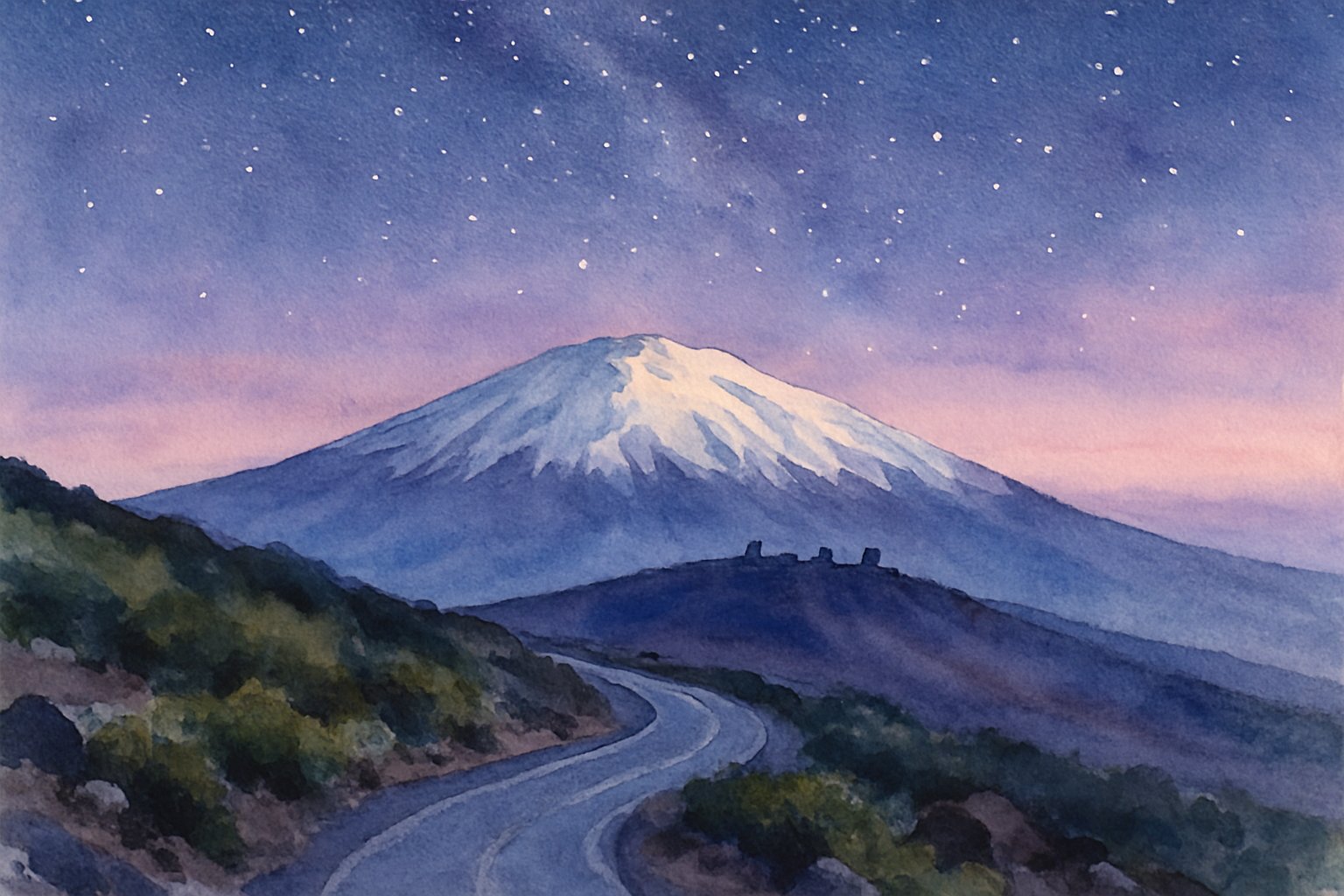 A mountain with a snow-covered peak under a starry sky, a winding road leads up to the summit with telescopes visible near the top.