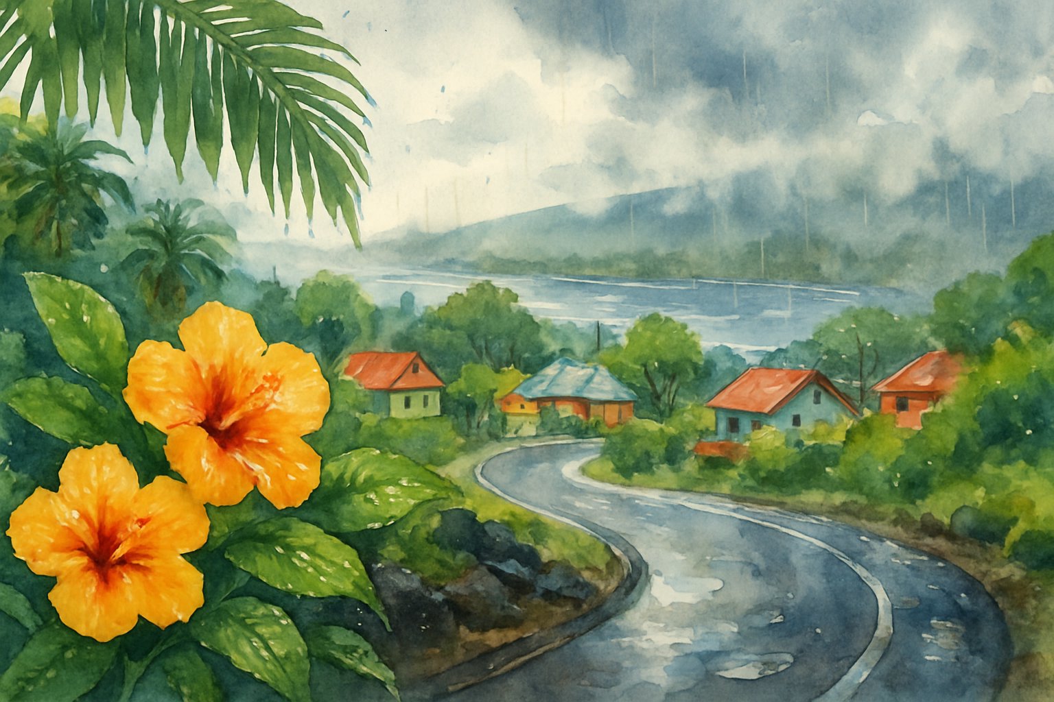 A rainy tropical landscape in Hilo with lush green plants, a winding road, traditional houses, and the ocean in the distance under cloudy skies.