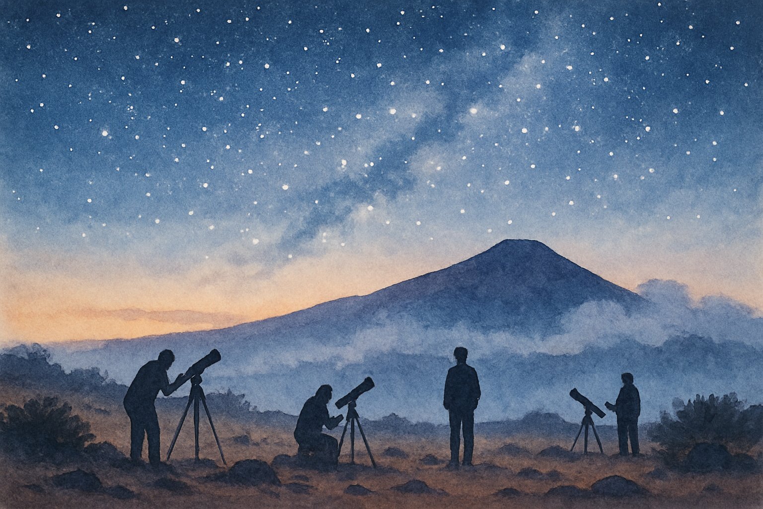 People setting up telescopes on a rocky mountain at twilight under a star-filled sky with the Milky Way visible.