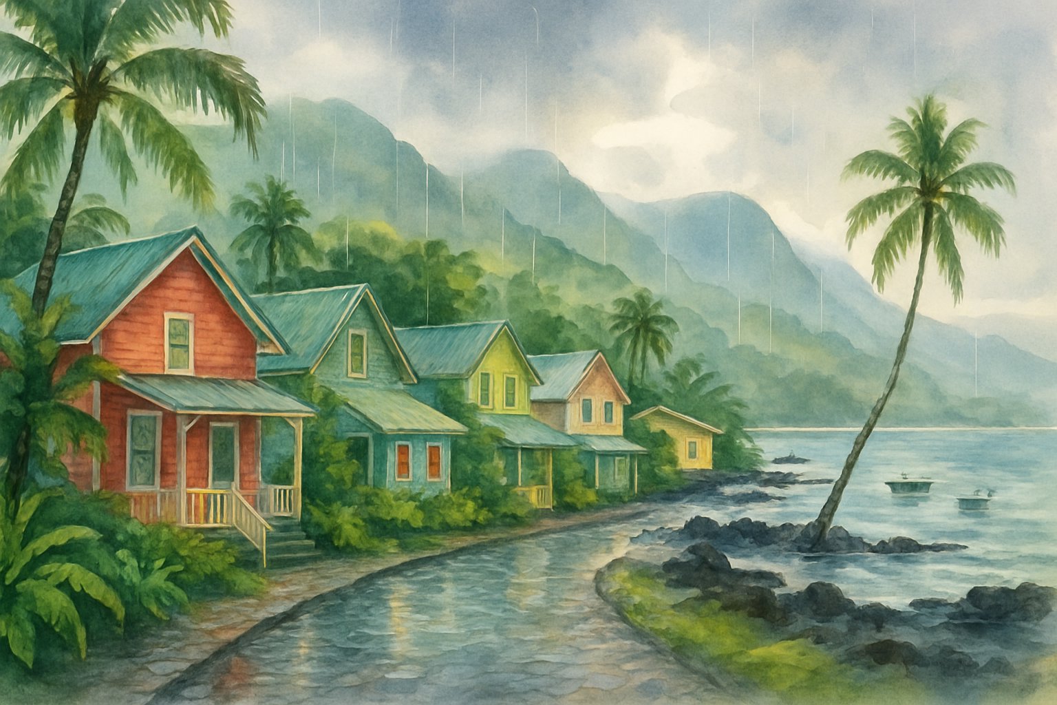 A peaceful coastal town with colorful buildings, tropical trees, misty mountains, and gentle rain falling near the ocean.