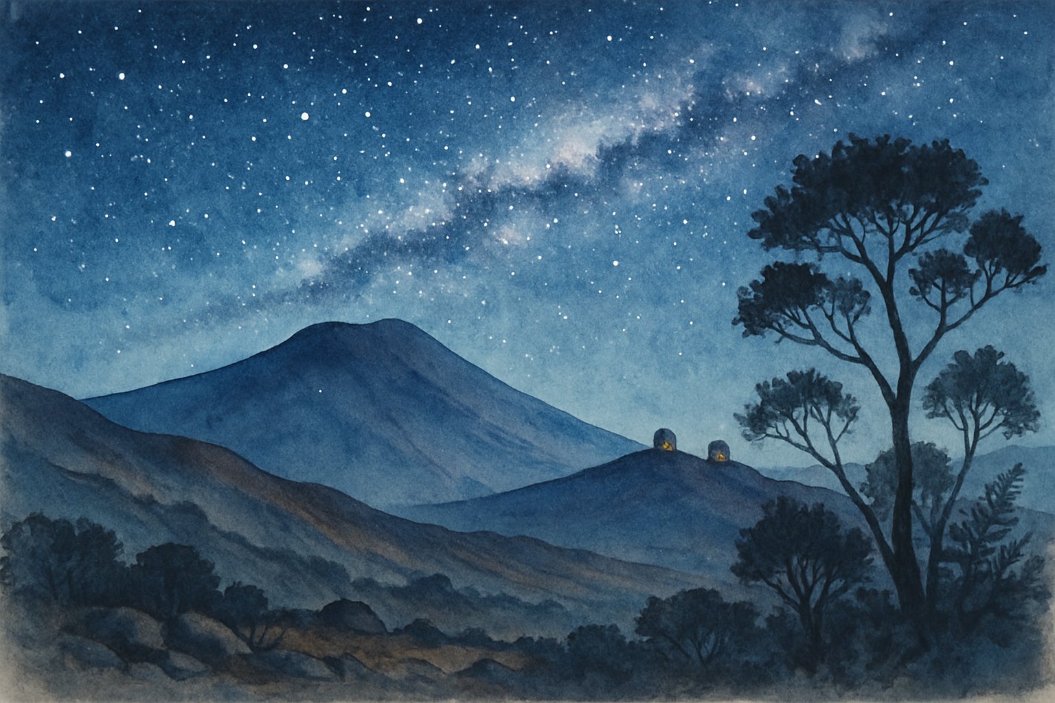 A nighttime view of Mauna Kea with starry sky, volcanic slopes, native trees, and distant observatory domes.