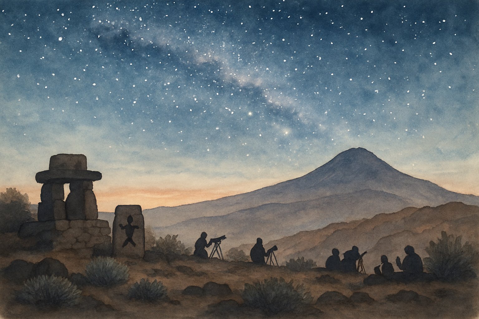 A peaceful mountain summit at dusk with people observing stars under a clear night sky filled with the Milky Way and native plants in the foreground.