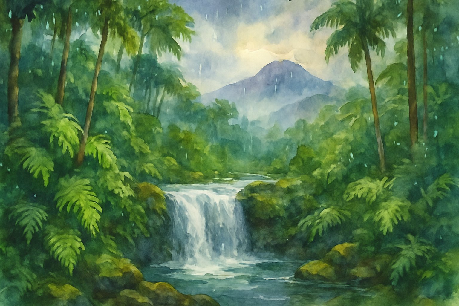 A misty rainforest with a waterfall flowing into a clear pool, surrounded by tropical trees and mountains in the distance.