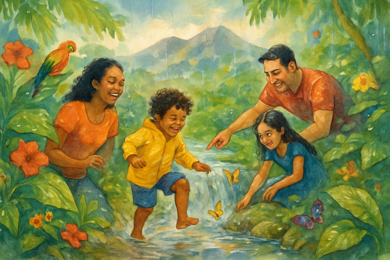 A family enjoying outdoor activities in a lush, rainy tropical forest with mountains in the background.