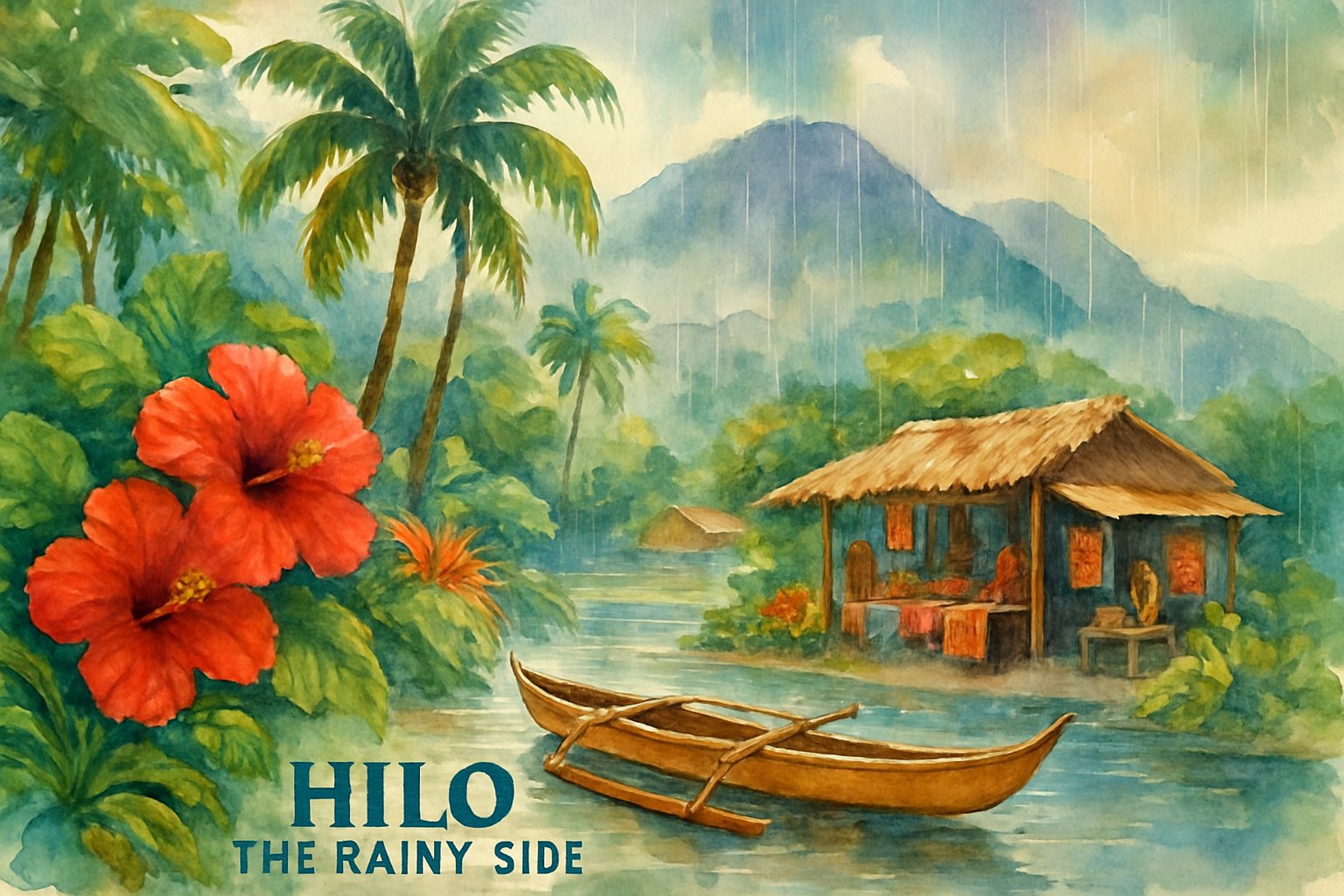 A peaceful tropical scene with palm trees, volcanic mountains, a calm bay, and a small market near the water.