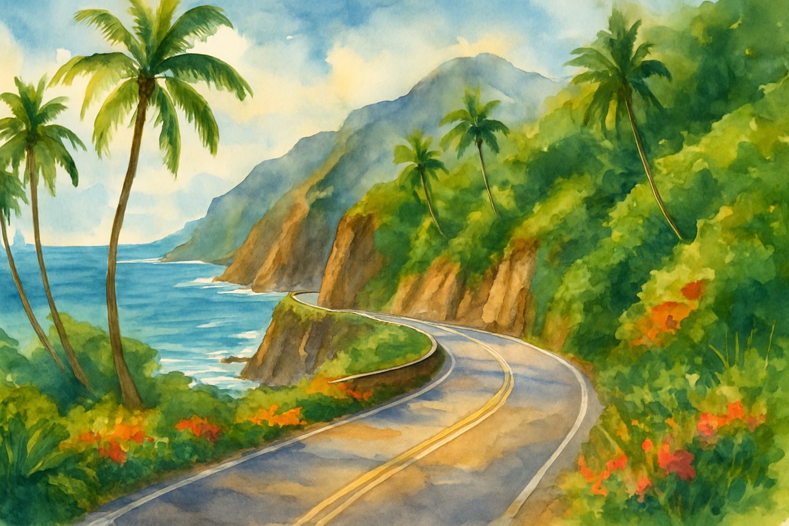 A winding coastal road surrounded by tropical trees, cliffs, and ocean with mountains in the background.
