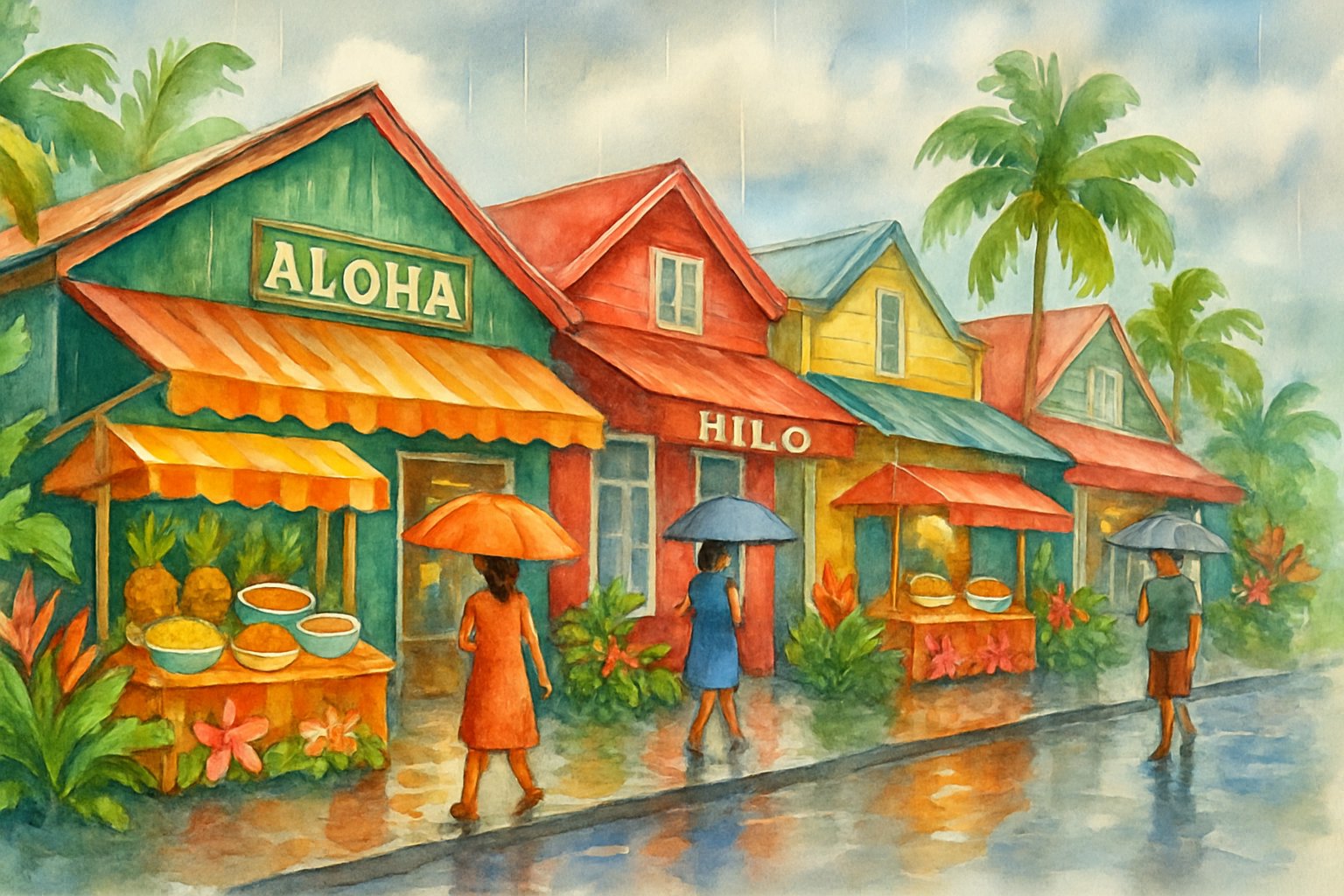 A rainy street in Hilo with local shops, tropical plants, people with umbrellas, and stalls selling fresh fruits and local foods.