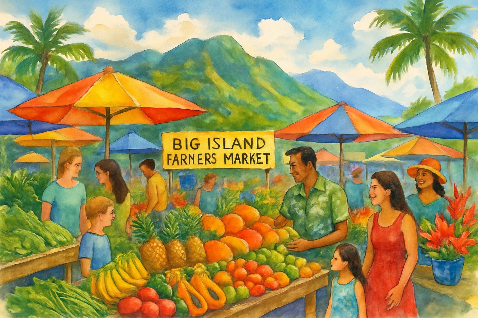 A busy outdoor farmers' market with people shopping among stalls filled with tropical fruits and vegetables, set against mountains, palm trees, and the ocean in the background.