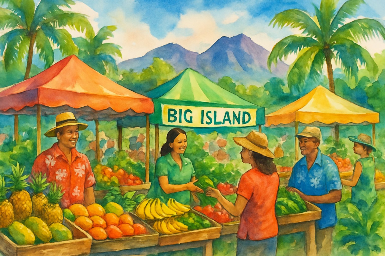 A bustling outdoor market with stalls of fresh tropical fruits and vegetables, surrounded by palm trees and volcanic mountains in the background.