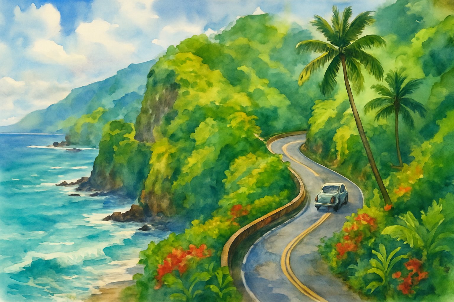 A winding coastal road surrounded by tropical greenery, palm trees, cliffs, and the ocean with a car driving along the road.