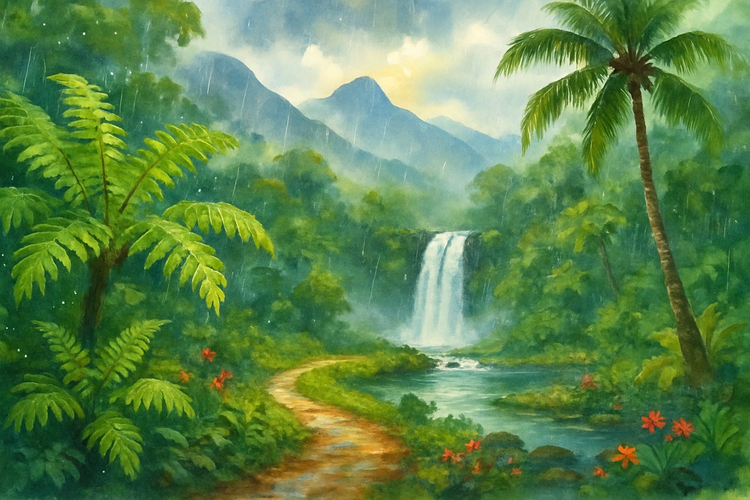 A tropical landscape with rain falling over green trees, a waterfall, a winding path, and misty mountains in the background.