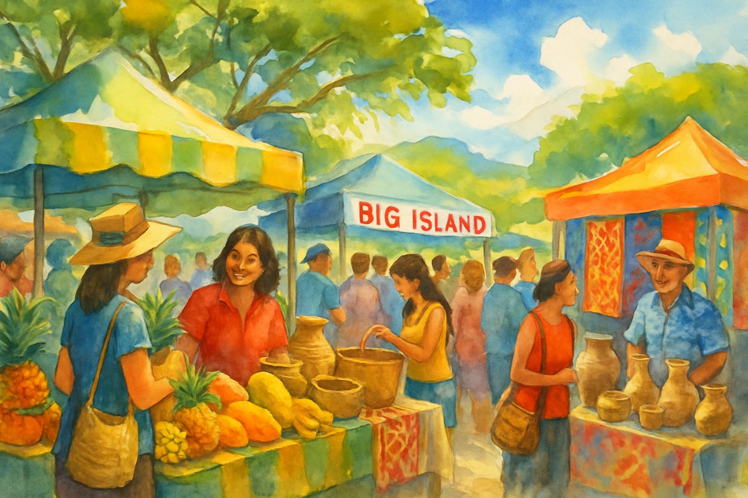 A lively outdoor farmers' market with people browsing stalls of fresh tropical fruits and handmade crafts under trees and a sunny sky.