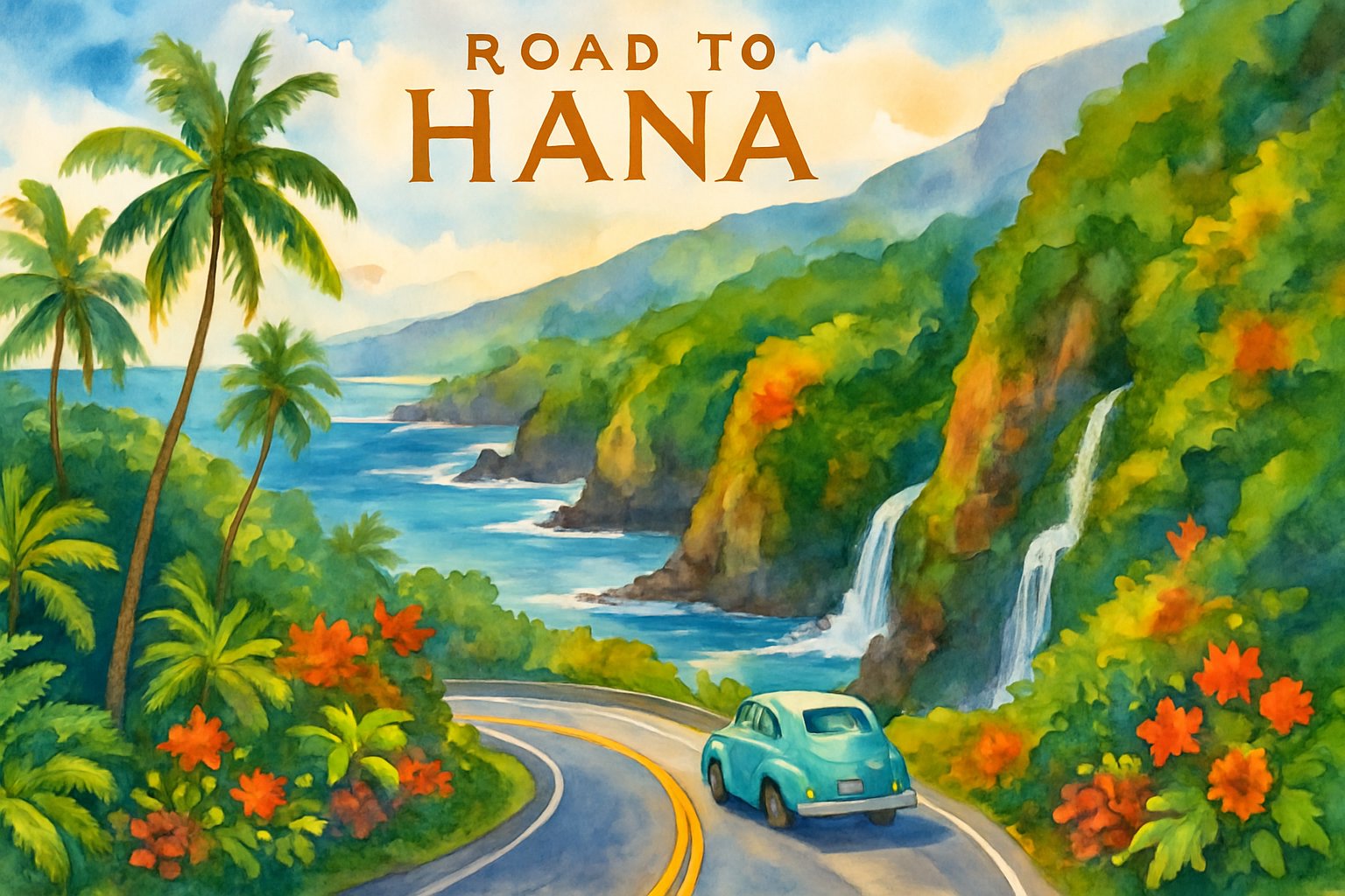 A winding coastal road surrounded by lush tropical plants, cliffs, waterfalls, and the ocean with mountains in the background.