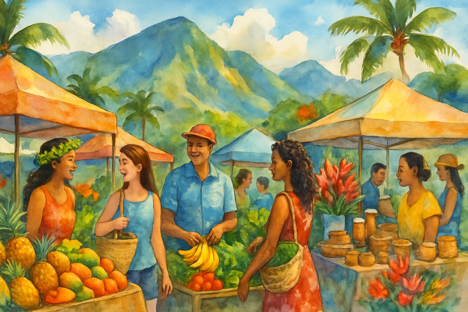 A lively farmers' market with colorful fruit and vegetable stalls, vendors and shoppers, palm trees, and green mountains in the background.