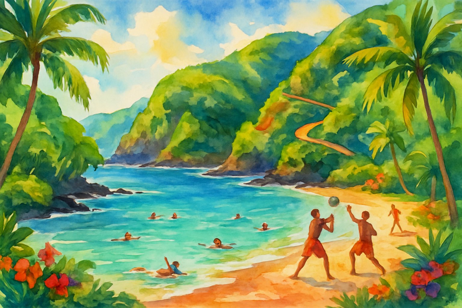 A tropical beach with people swimming and playing by the water, surrounded by palm trees, cliffs, and a winding coastal road.