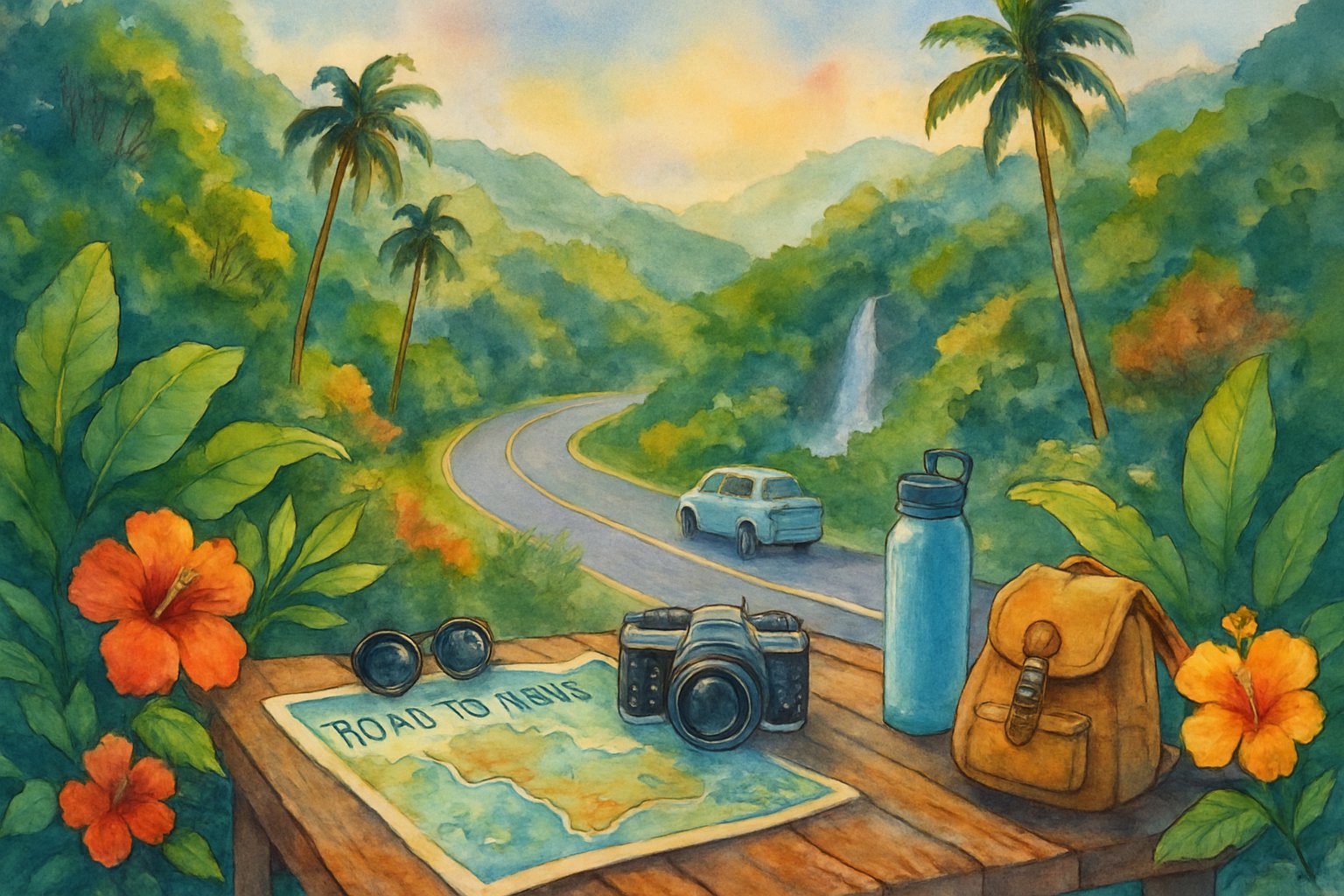 A roadside scene with travel items on a wooden table, surrounded by tropical plants, a winding road through rainforest hills, a parked car, and a distant waterfall.