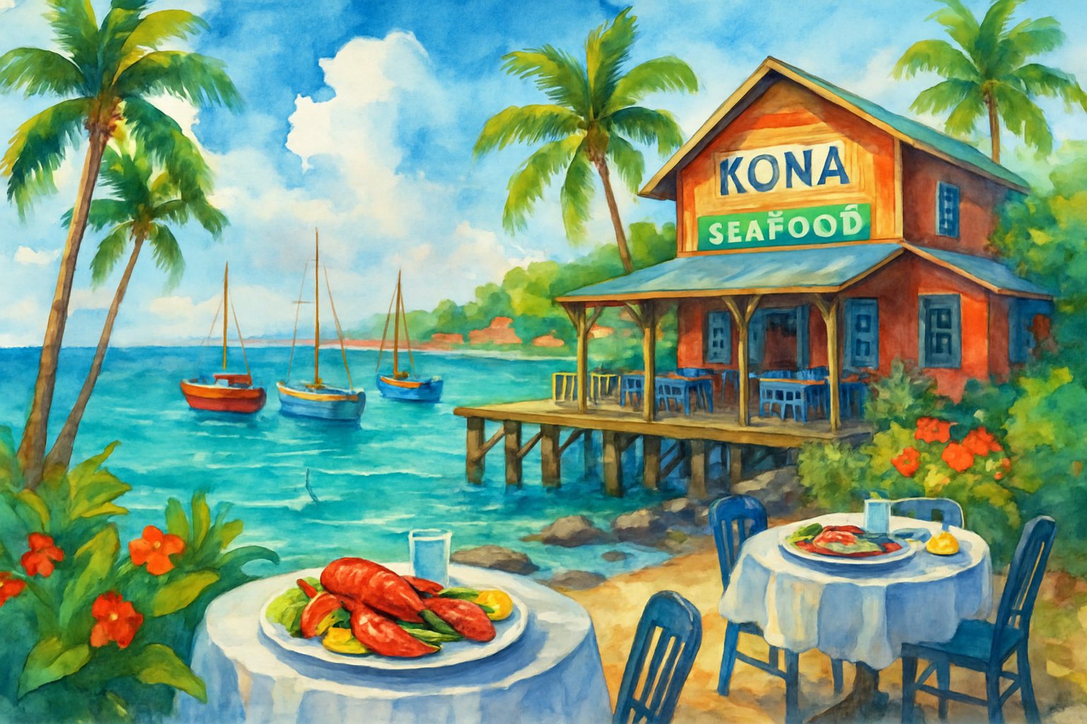 A coastal scene with a seafood restaurant by the ocean, featuring a wooden pier, fishing boats, palm trees, and outdoor tables near the shore.
