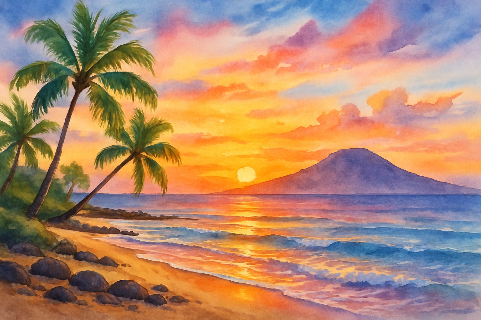 A tropical beach at sunset with palm trees, volcanic rocks, and a colorful sky reflecting on the ocean.