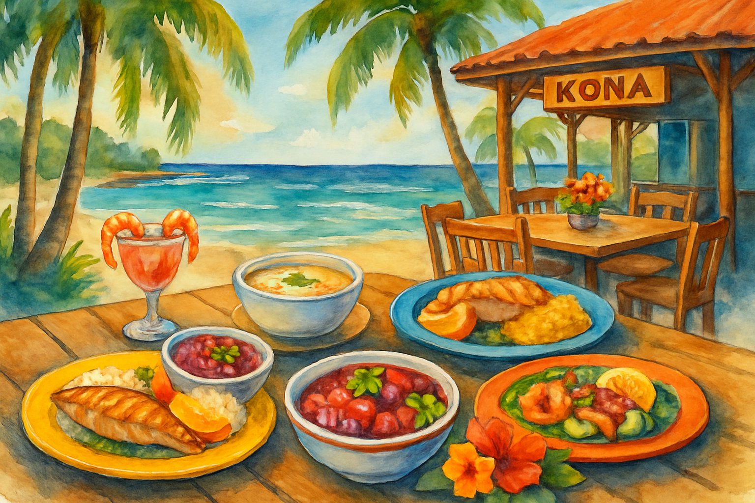 Outdoor seaside restaurant in Kona with tables of fresh seafood dishes by the ocean under palm trees and a clear sky.