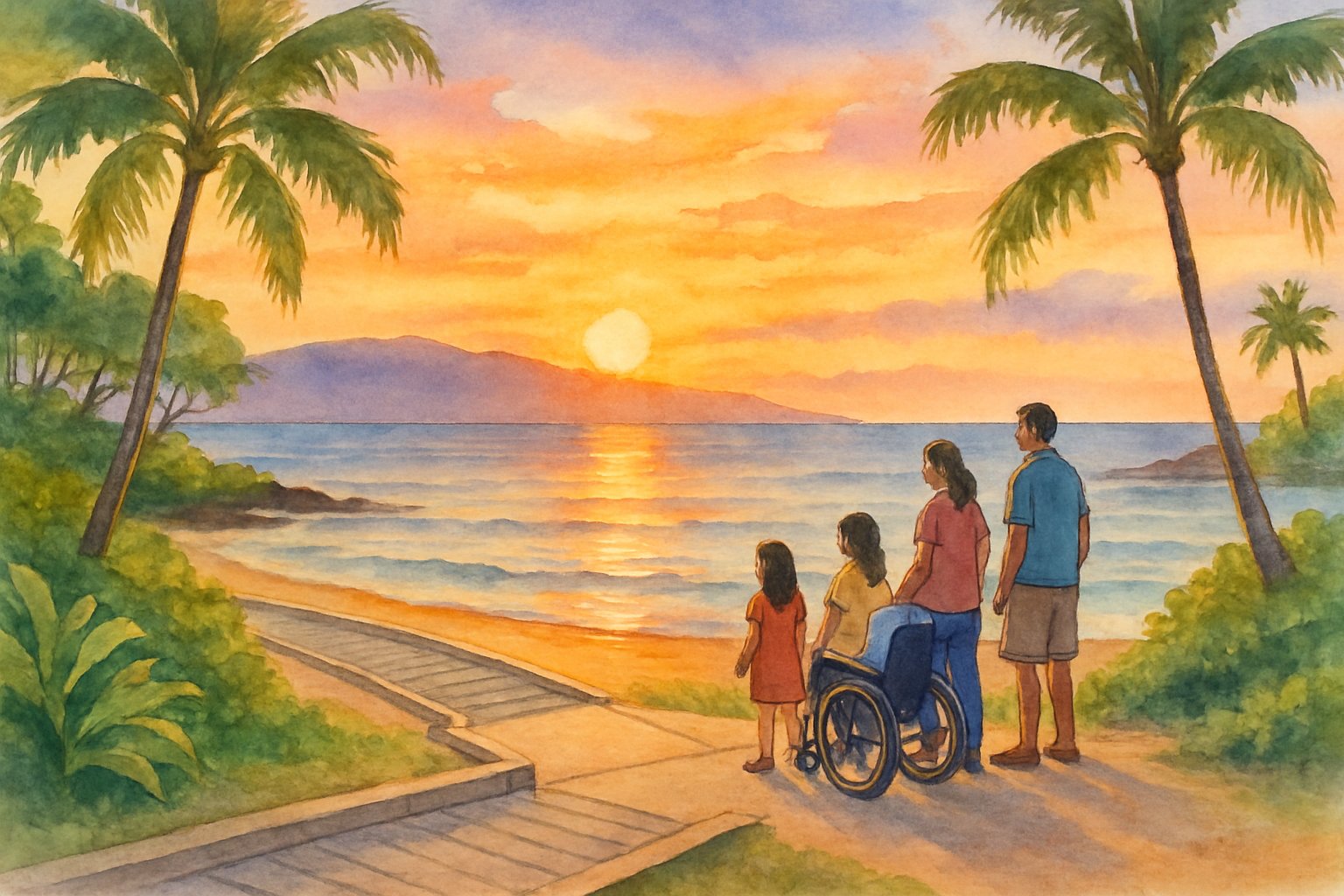 A family watching the sun set over the ocean on a beach with accessible pathways surrounded by palm trees and mountains in the distance.