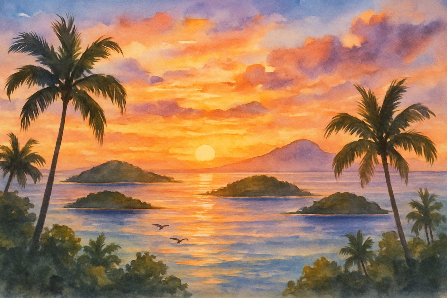 A peaceful scene of small tropical islands surrounded by calm ocean waters at sunset, with colorful skies and silhouettes of palm trees.