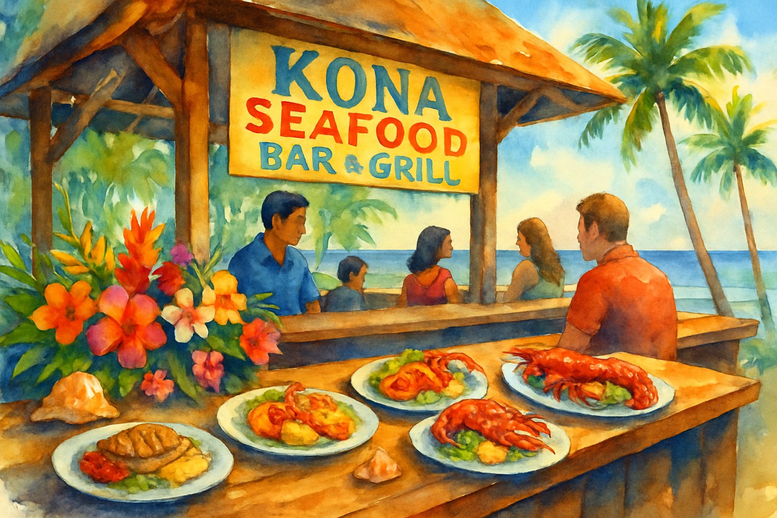 A coastal seafood bar and grill with fresh seafood dishes, palm trees, and ocean waves in the background.