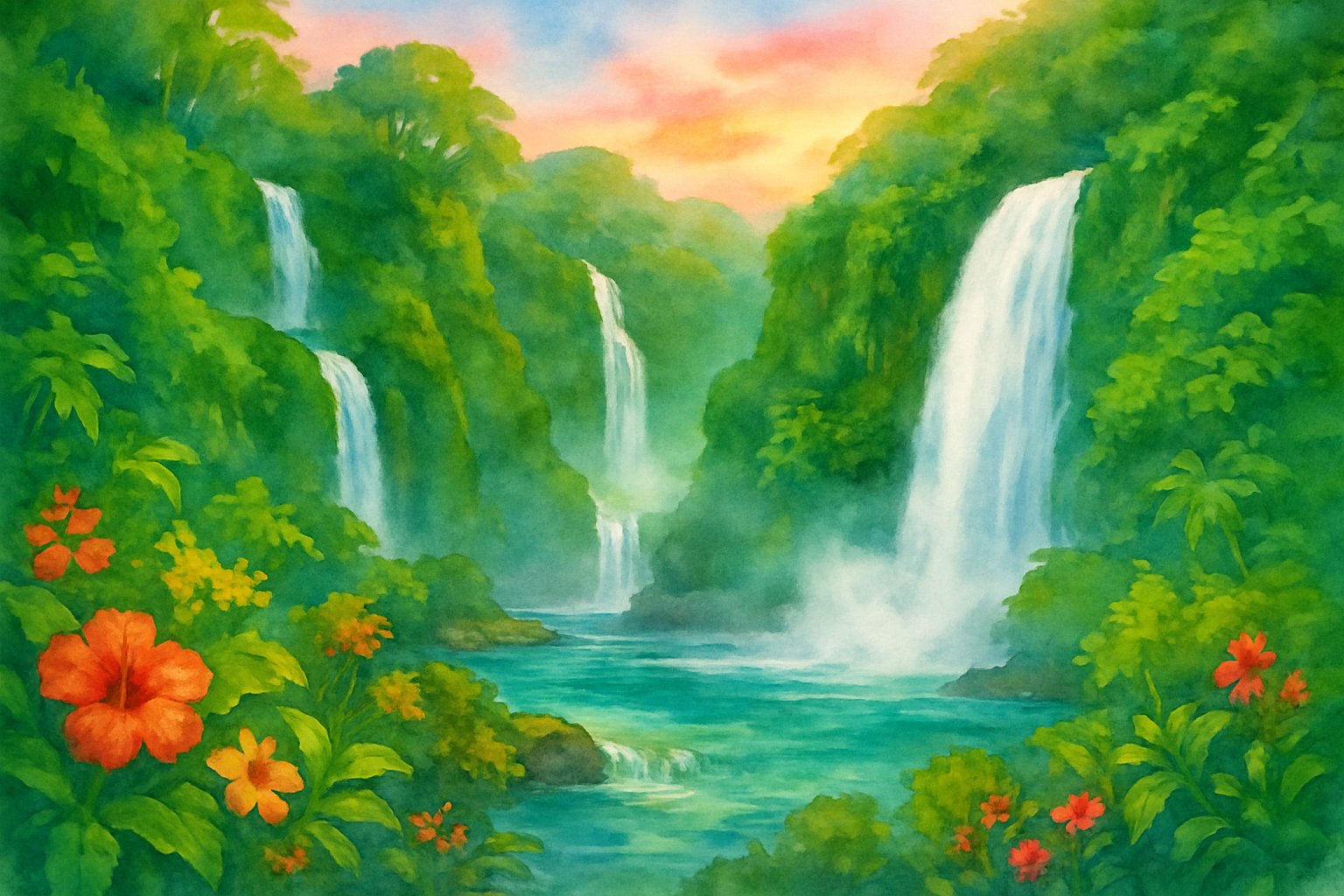 A scene of several waterfalls cascading down green cliffs surrounded by tropical plants and flowers, with mist rising and a colorful sky above.