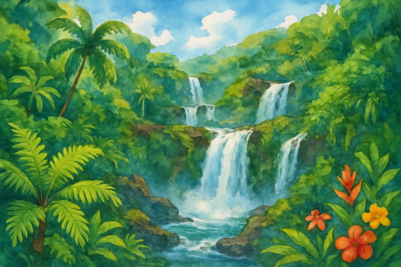 A tropical landscape with several waterfalls cascading down cliffs surrounded by dense green trees and plants under a blue sky.