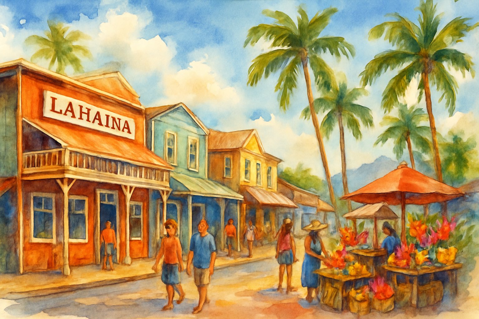 A lively street in Lahaina with wooden buildings, palm trees, people walking, market stalls, and mountains in the background.