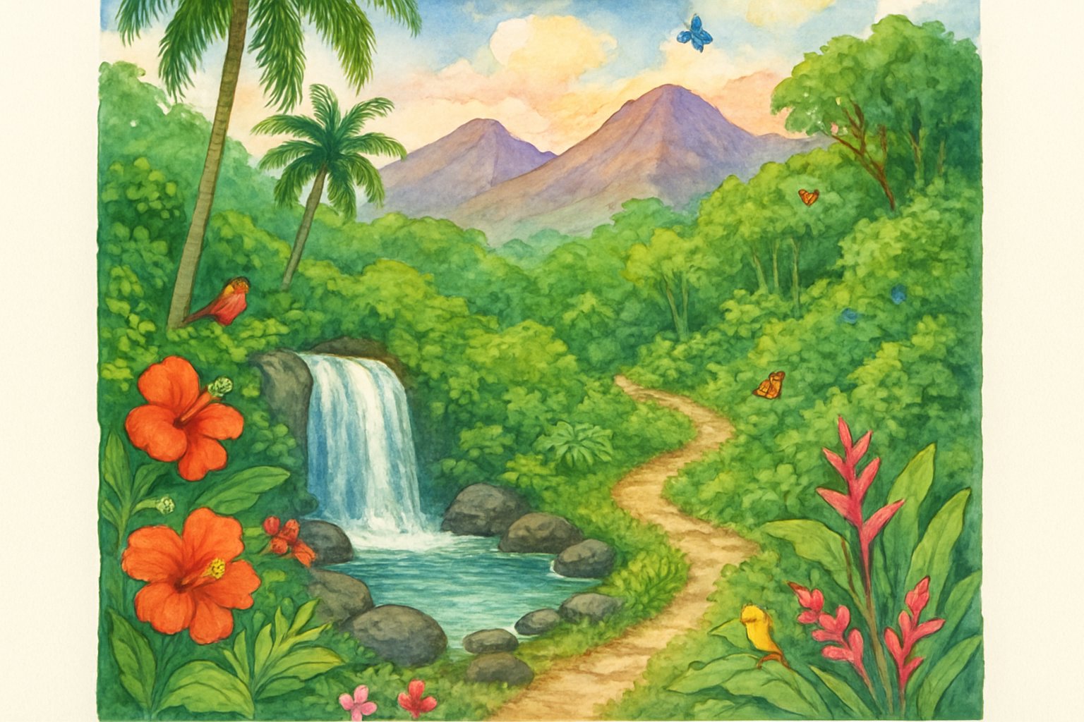 A tropical landscape with a waterfall flowing into a clear pool, surrounded by greenery, flowers, and volcanic mountains in the background.