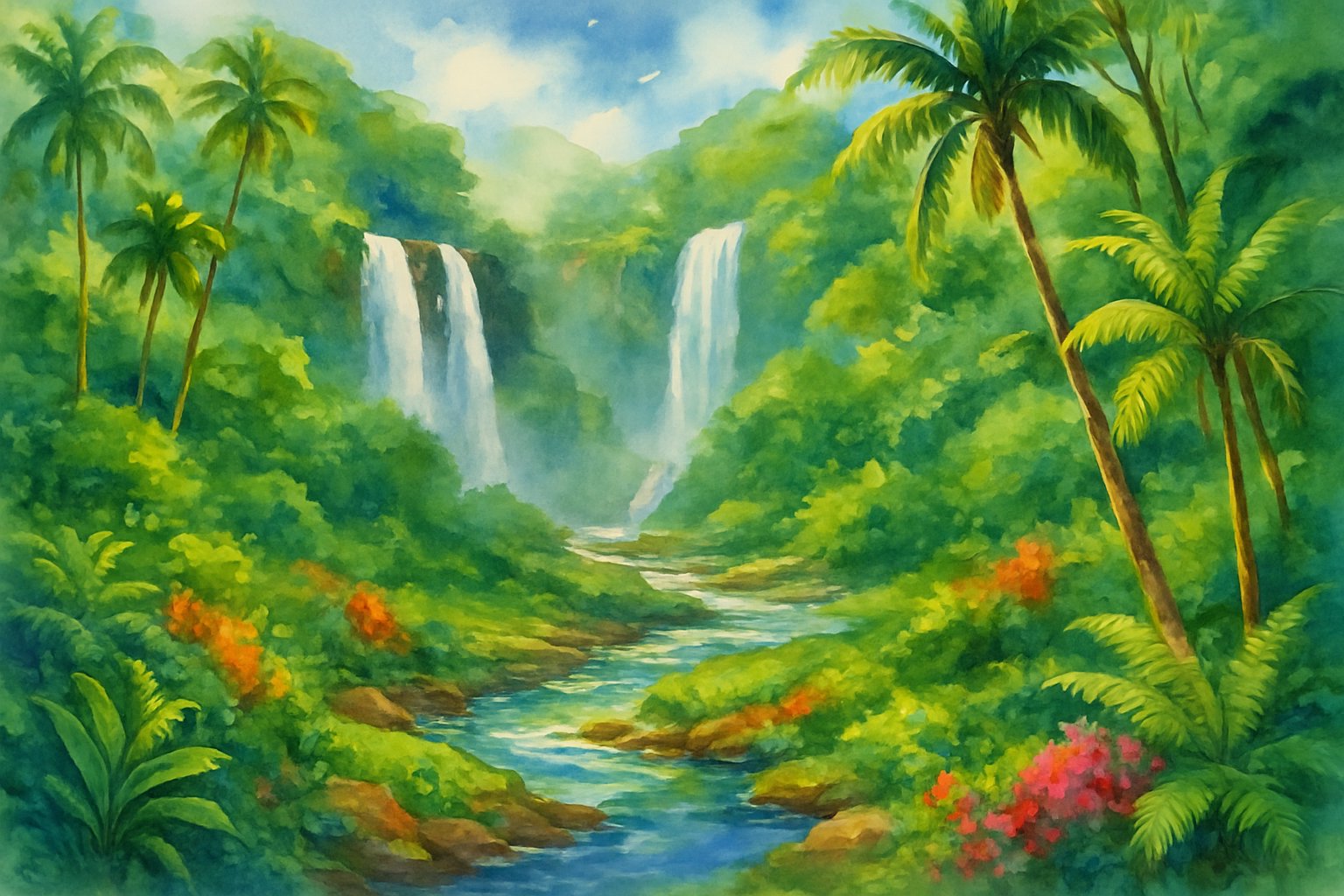 A tropical landscape with several waterfalls flowing down rocky cliffs surrounded by dense green plants and trees, with a river running through a valley under a bright sky.