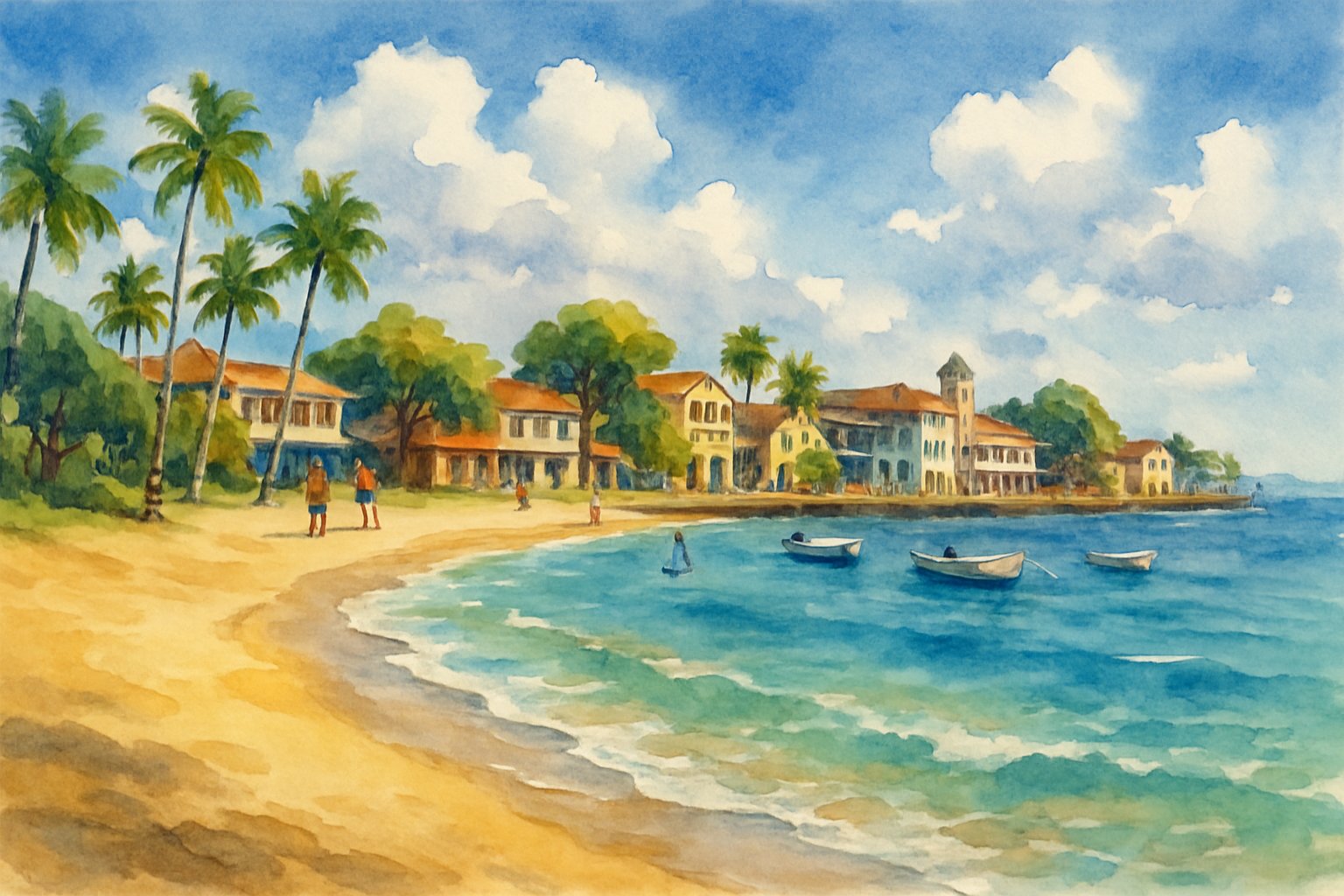 A beach near Lahaina with golden sand, clear turquoise water, palm trees, and historic buildings in the background under a blue sky.