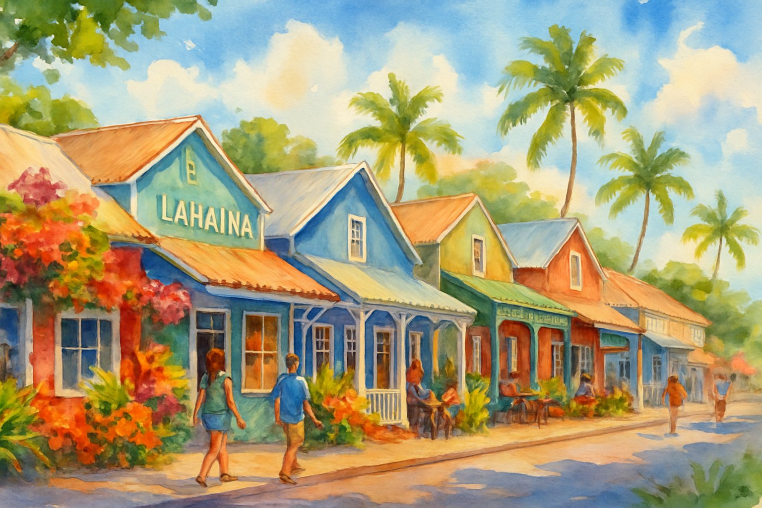 A lively street scene in Lahaina, Maui with colorful buildings, palm trees, and people enjoying outdoor dining.