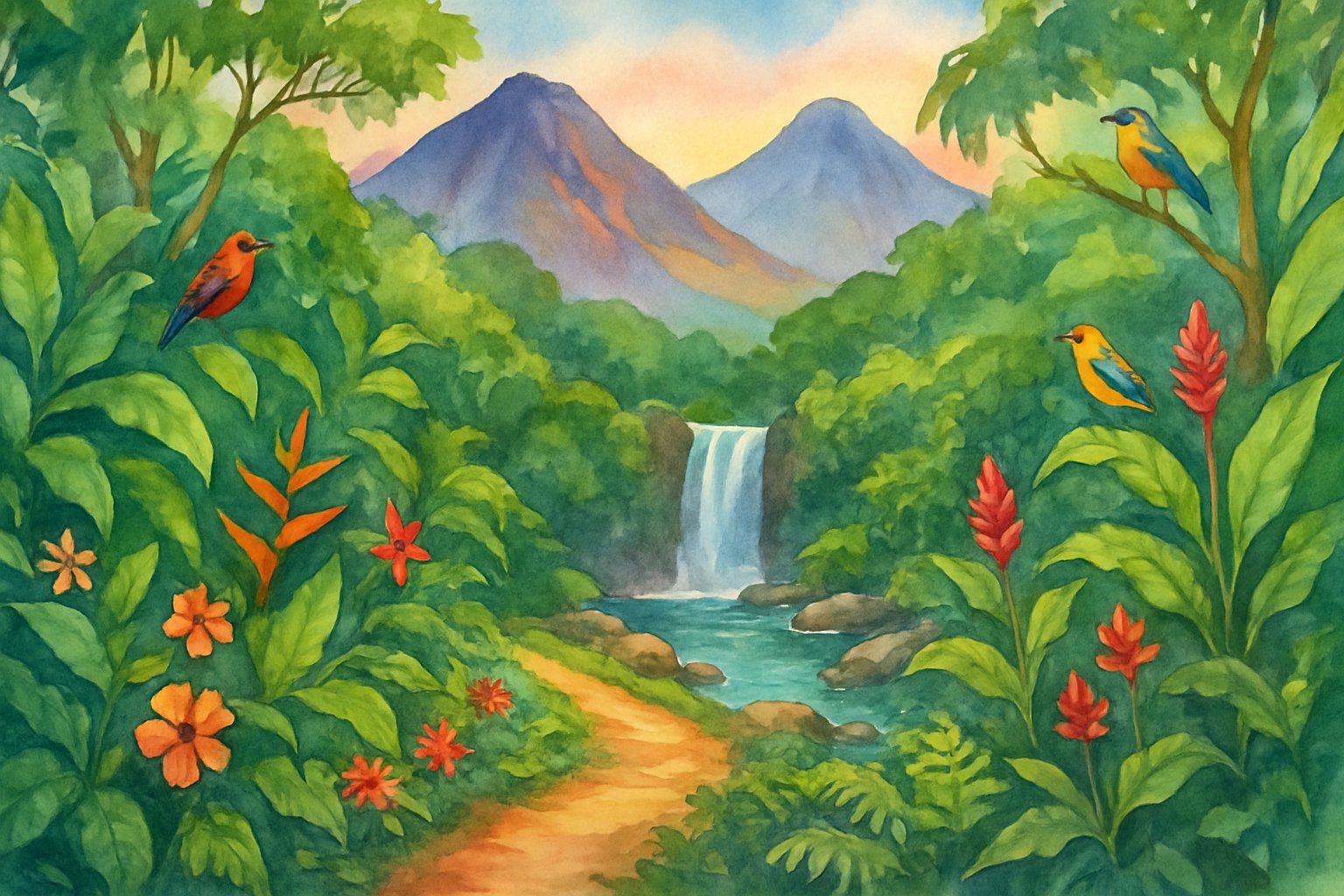 A peaceful tropical trail winding through lush greenery with a small waterfall and volcanic mountains in the background.